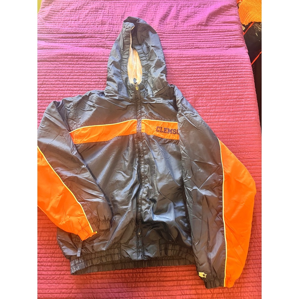 Vintage Clemson Tigers Starter Full‎ Zip Hooded Windbreaker Jacket Orange Navy